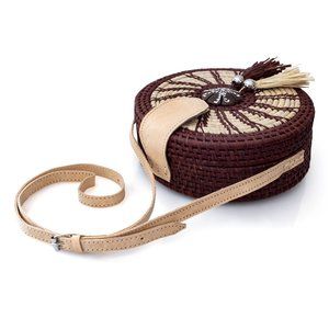 Brand New Handwoven Round Rattan Bag Shoulder Leather Straps Boho Chic